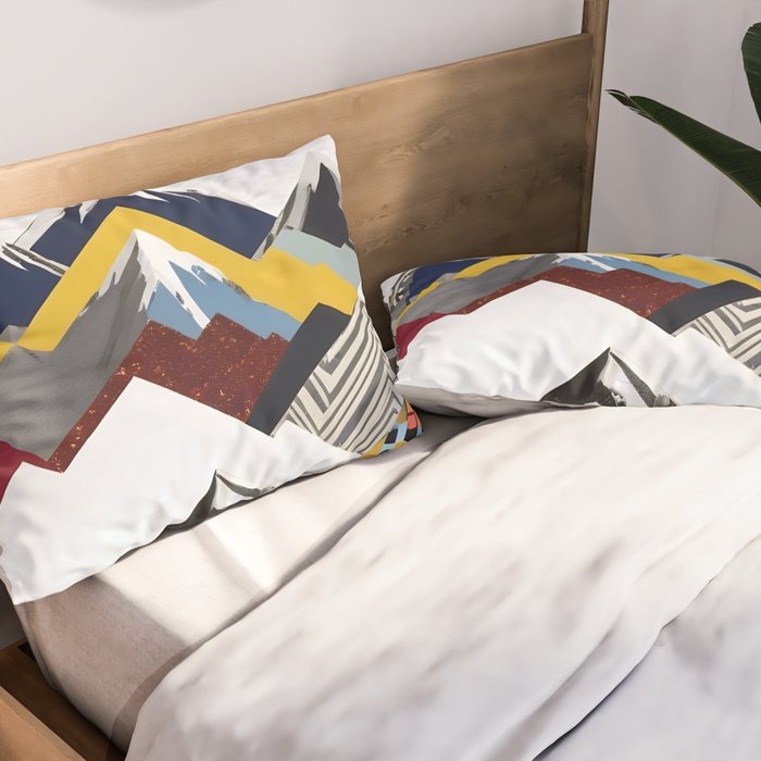 Snowcap Mountains, Graphic Collage Abstract, Eclectic Textures Patterns, Geometric Shapes Nature Landscape Winter Contemporary Pillow Sham Gallery Image 2