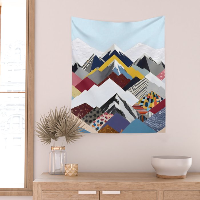 Snowcap Mountains, Graphic Collage Abstract, Eclectic Textures Patterns, Geometric Shapes Nature Landscape Winter Contemporary Wall Tapestry Gallery Image 2