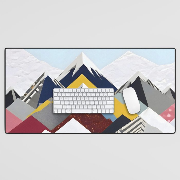 Snowcap Mountains, Graphic Collage Abstract, Eclectic Textures Patterns, Geometric Shapes Nature Landscape Winter Contemporary Desk Mat Gallery Image 1