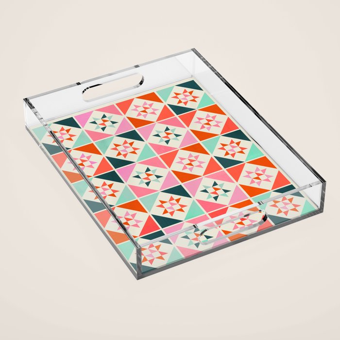 Festive Quilt Pattern in Pink, Red And Green Acrylic Tray Gallery Image 1