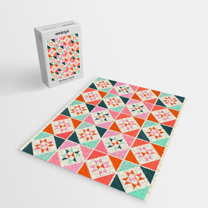 Festive Quilt Pattern in Pink, Red And Green Jigsaw Puzzle Gallery Image 2