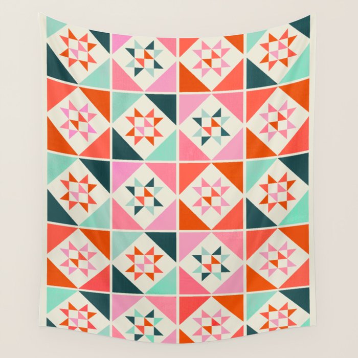 Festive Quilt Pattern in Pink, Red And Green Wall Tapestry Gallery Image 4