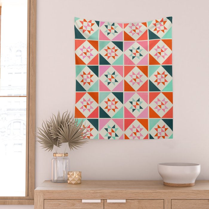 Festive Quilt Pattern in Pink, Red And Green Wall Tapestry Gallery Image 2