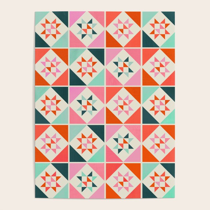 Festive Quilt Pattern in Pink, Red And Green Poster Gallery Image 4