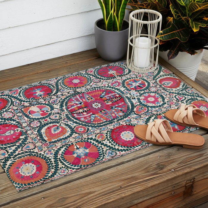 Large Medallion Bokhara Suzani  Uzbekistan Embroidery Print Outdoor Rug Gallery Image 2