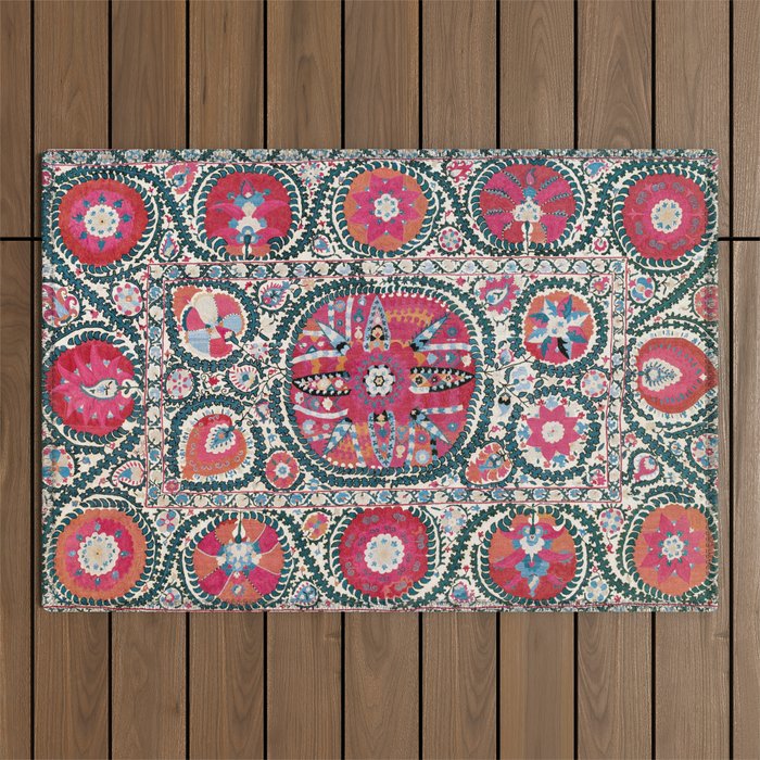 Large Medallion Bokhara Suzani  Uzbekistan Embroidery Print Outdoor Rug Gallery Image 1