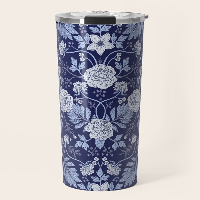 Light Blue, Cobalt Blue, & White Floral Pattern Travel Mug Gallery Image 1