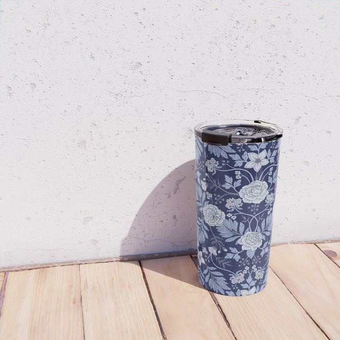 Light Blue, Cobalt Blue, & White Floral Pattern Travel Mug Gallery Image 4