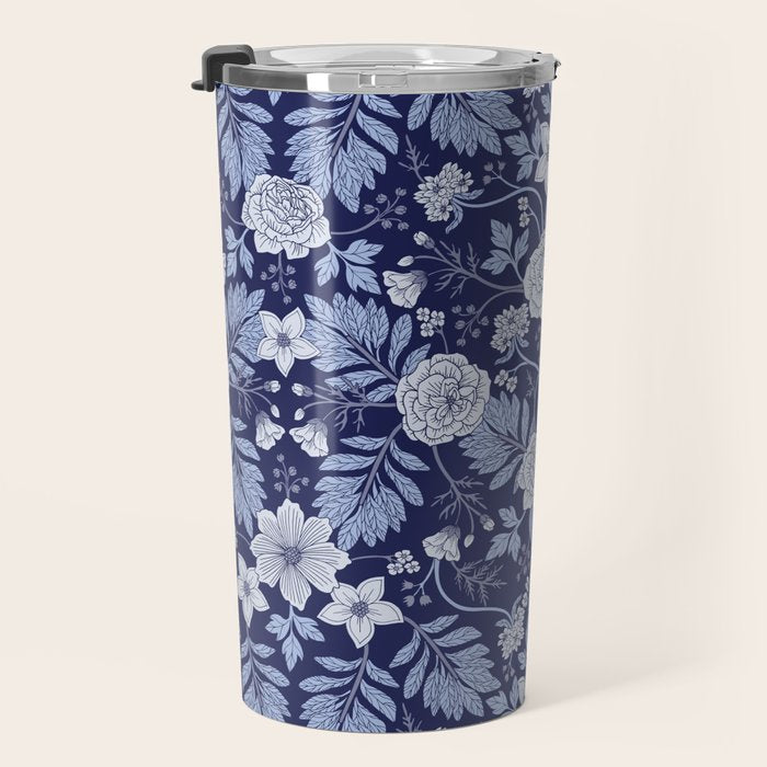 Light Blue, Cobalt Blue, & White Floral Pattern Travel Mug Gallery Image 3