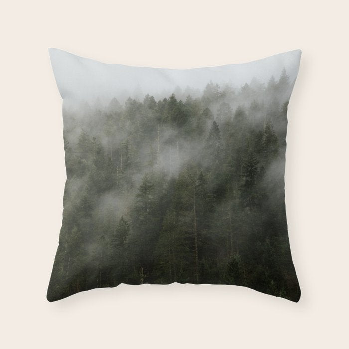 Pacific Northwest Foggy Forest Throw Pillow Gallery Image 1