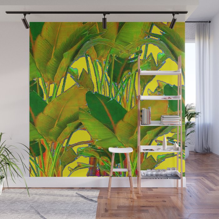 GOLDEN TROPICAL FOLIAGE GREEN & GOLD LEAVES AR Wall Mural Gallery Image 1