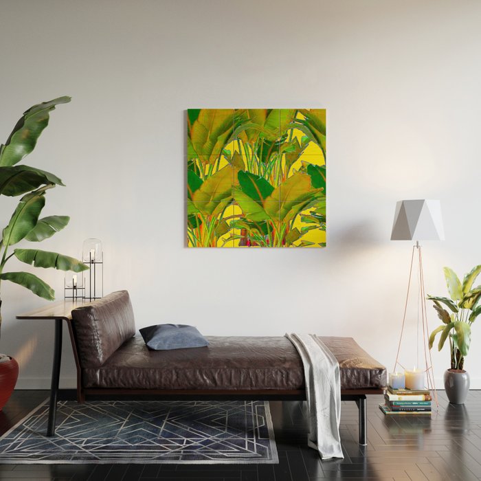GOLDEN TROPICAL FOLIAGE GREEN & GOLD LEAVES AR Wood Wall Art Gallery Image 2