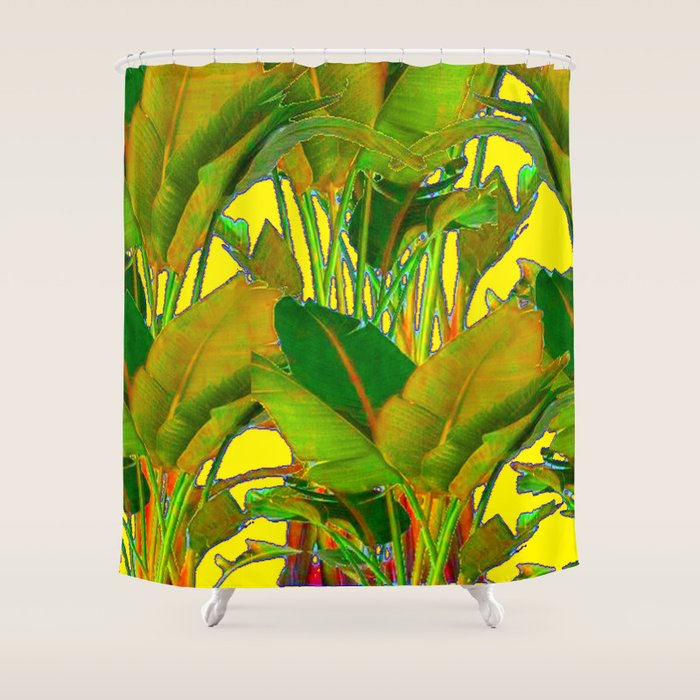 GOLDEN TROPICAL FOLIAGE GREEN & GOLD LEAVES AR Shower Curtain Gallery Image 1