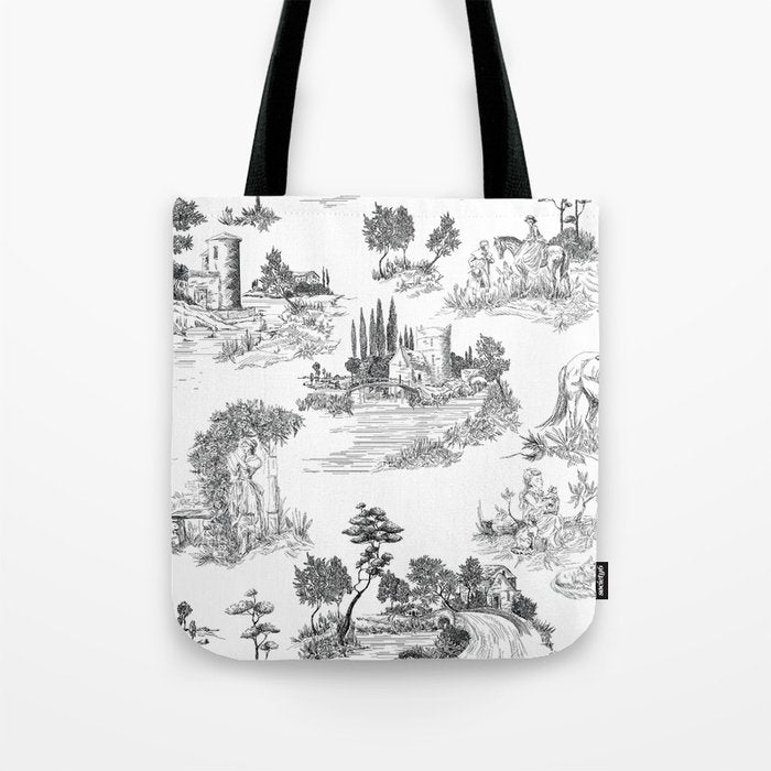 Toile de Jouy Vintage French Romantic Pastoral Black & White Tote Bag Gallery Image 1