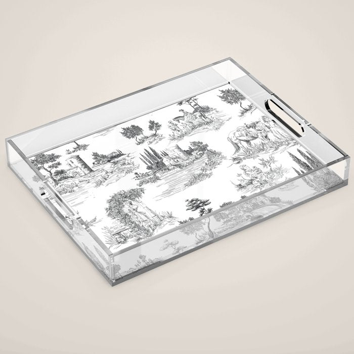 Toile de Jouy Vintage French Romantic Pastoral Black & White Acrylic Tray Gallery Image 1
