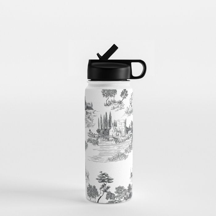Toile de Jouy Vintage French Romantic Pastoral Black & White Water Bottle Gallery Image 1