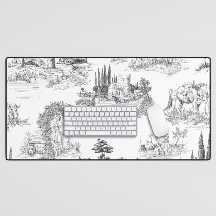 Toile de Jouy Vintage French Romantic Pastoral Black & White Desk Mat Gallery Image 1