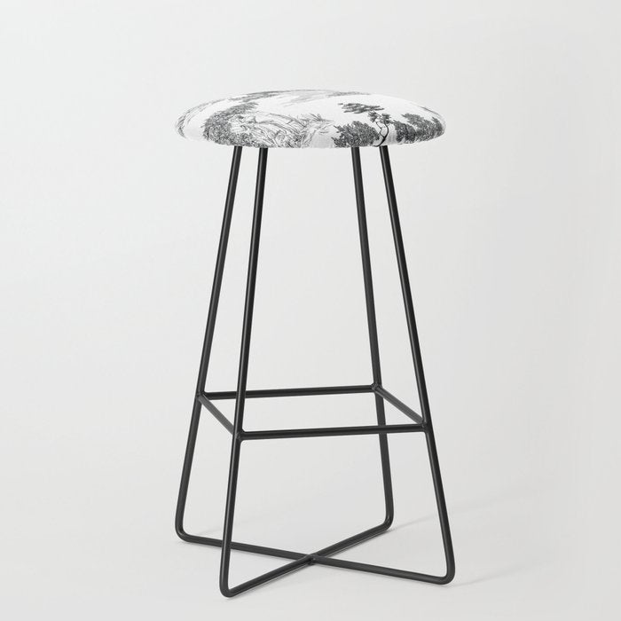 Toile de Jouy Vintage French Romantic Pastoral Black & White Stool Gallery Image 1