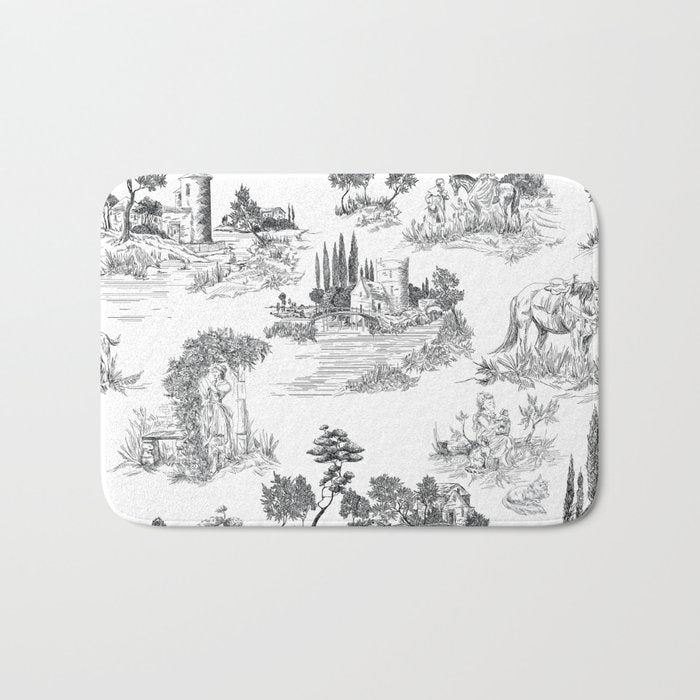 Toile de Jouy Vintage French Romantic Pastoral Black & White Bath Mat Gallery Image 1