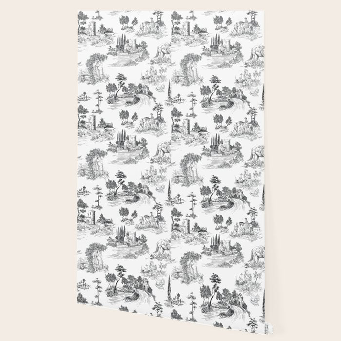 Toile de Jouy Vintage French Romantic Pastoral Black & White Wallpaper Gallery Image 2