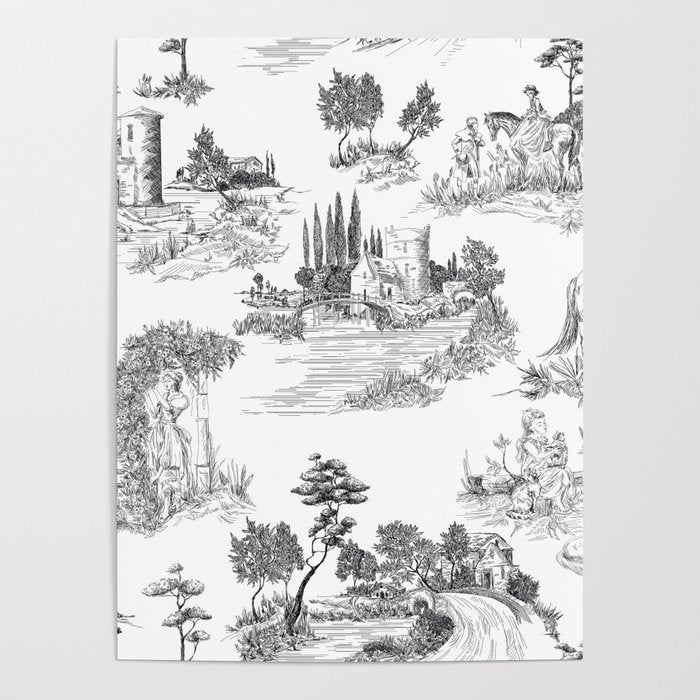 Toile de Jouy Vintage French Romantic Pastoral Black & White Poster Gallery Image 4