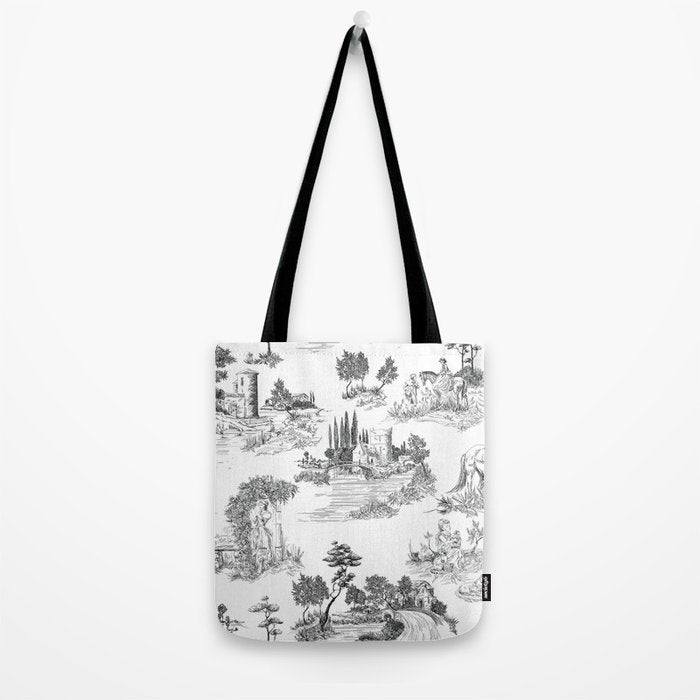 Toile de Jouy Vintage French Romantic Pastoral Black & White Tote Bag Gallery Image 2