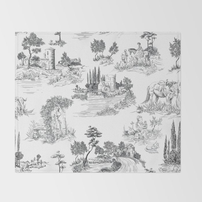 Toile de Jouy Vintage French Romantic Pastoral Black & White Throw Blanket Gallery Image 2