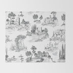 Toile de Jouy Vintage French Romantic Pastoral Black & White Throw Blanket Gallery Image 2