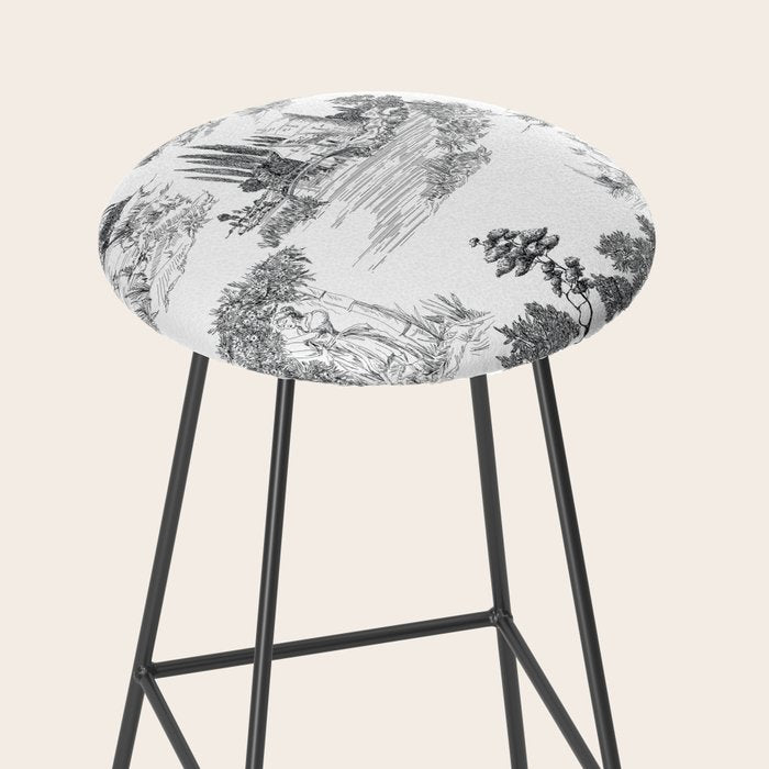 Toile de Jouy Vintage French Romantic Pastoral Black & White Stool Gallery Image 2