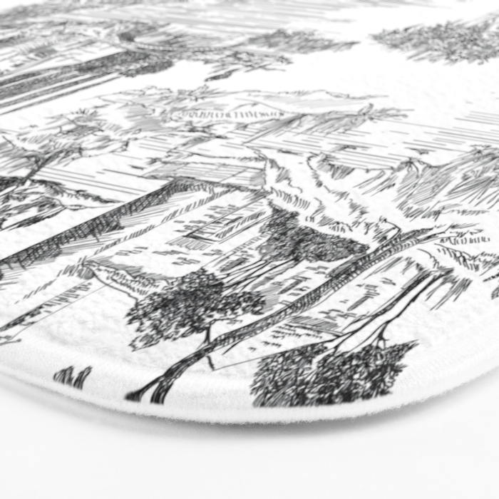 Toile de Jouy Vintage French Romantic Pastoral Black & White Bath Mat Gallery Image 3