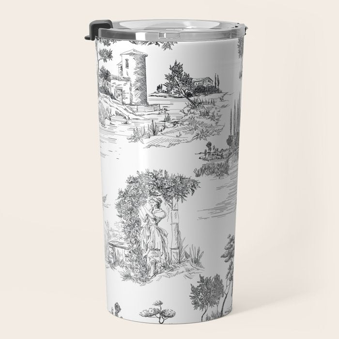 Toile de Jouy Vintage French Romantic Pastoral Black & White Travel Mug Gallery Image 3