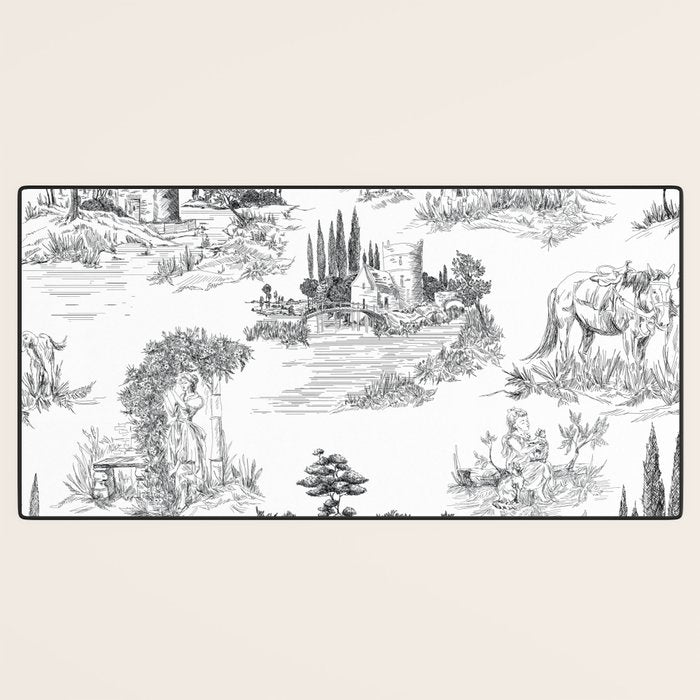 Toile de Jouy Vintage French Romantic Pastoral Black & White Desk Mat Gallery Image 3