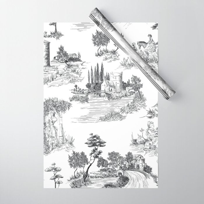 Toile de Jouy Vintage French Romantic Pastoral Black & White Wrapping Paper Gallery Image 1