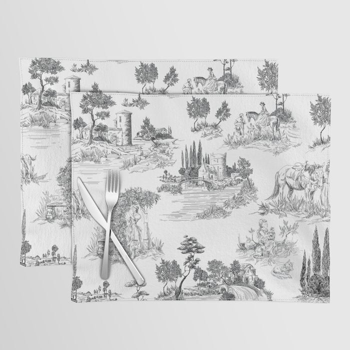 Toile de Jouy Vintage French Romantic Pastoral Black & White Placemat Gallery Image 1