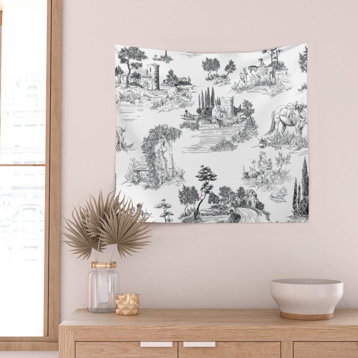 Toile de Jouy Vintage French Romantic Pastoral Black & White Wall Tapestry Gallery Image 2