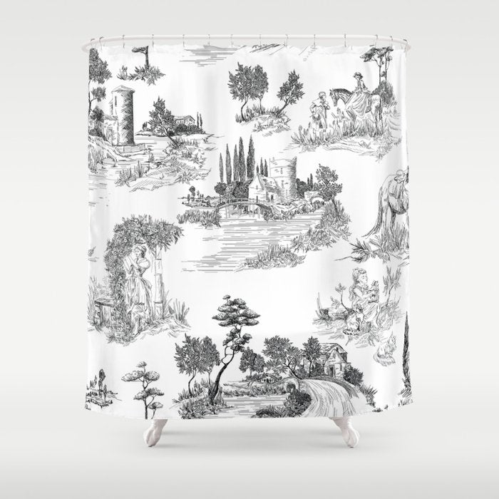 Toile de Jouy Vintage French Romantic Pastoral Black & White Shower Curtain Gallery Image 1