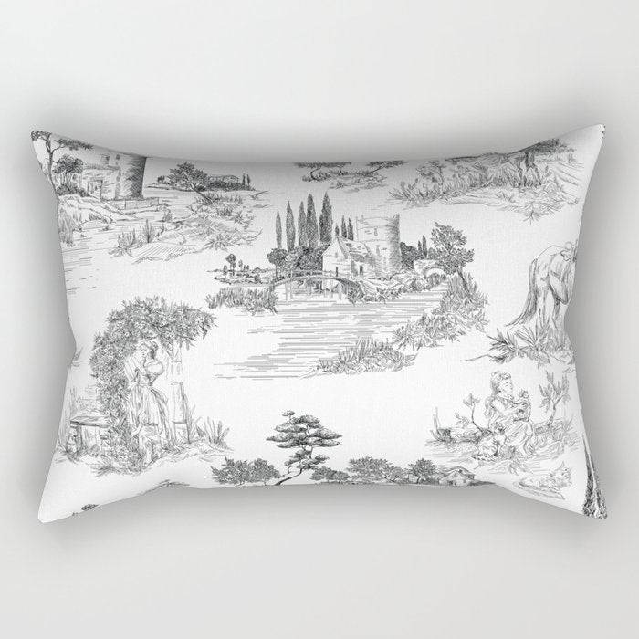 Toile de Jouy Vintage French Romantic Pastoral Black & White Rectangular Pillow Gallery Image 1