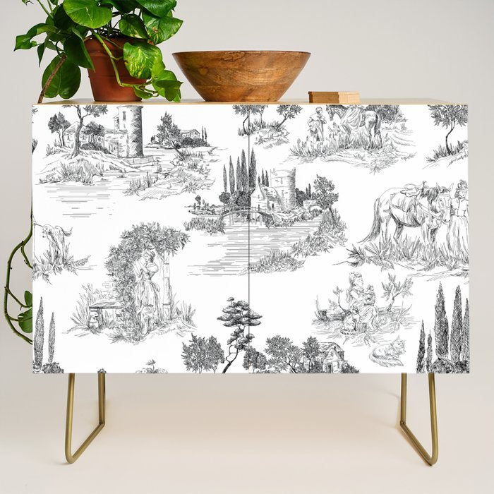Toile de Jouy Vintage French Romantic Pastoral Black & White Credenza Gallery Image 1