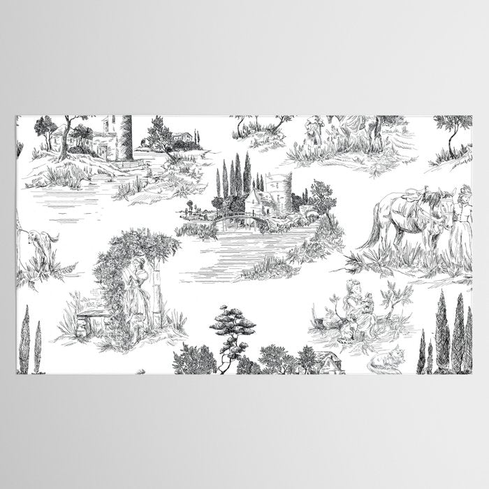 Toile de Jouy Vintage French Romantic Pastoral Black & White Tablecloth Gallery Image 2
