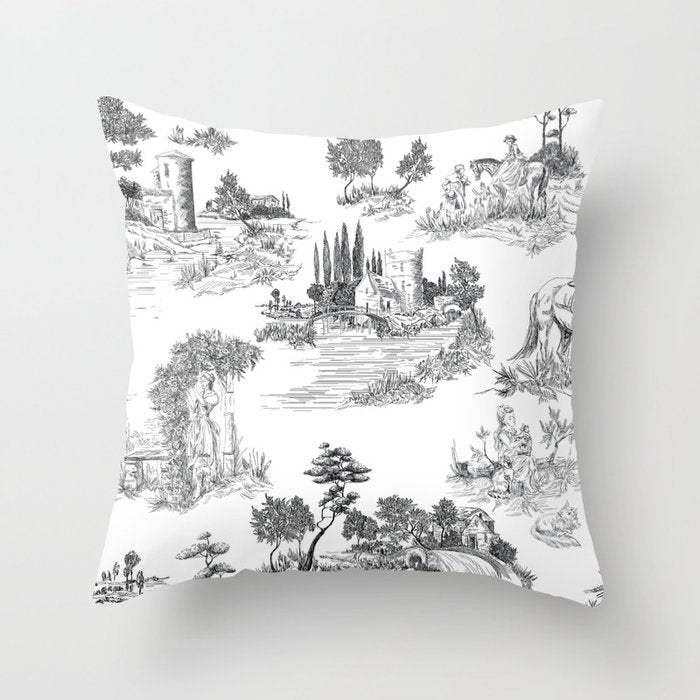 Toile de Jouy Vintage French Romantic Pastoral Black & White Throw Pillow Gallery Image 1