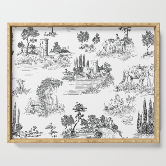 Toile de Jouy Vintage French Romantic Pastoral Black & White Serving Tray Gallery Image 1