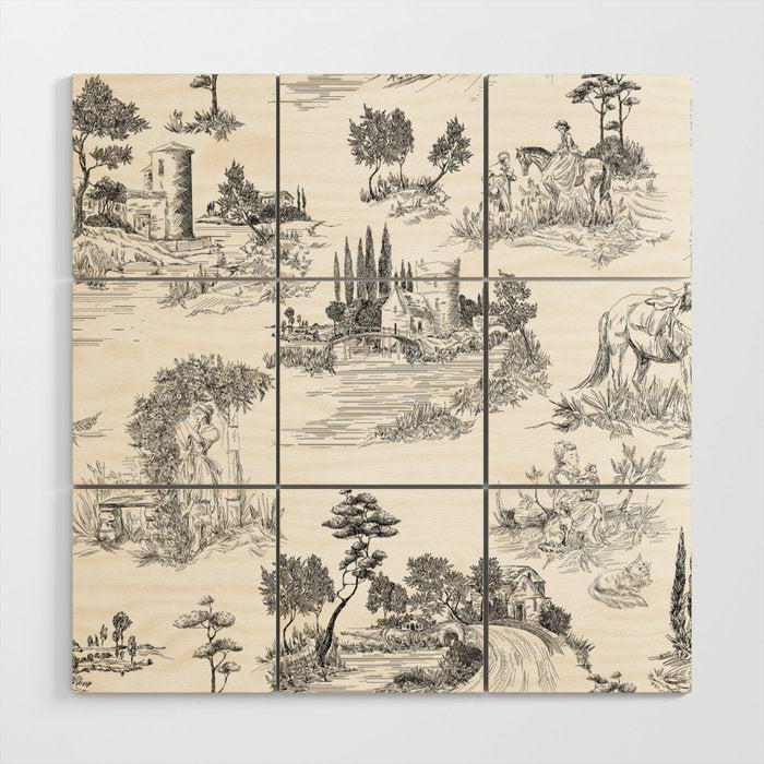 Toile de Jouy Vintage French Romantic Pastoral Black & White Wood Wall Art Gallery Image 1