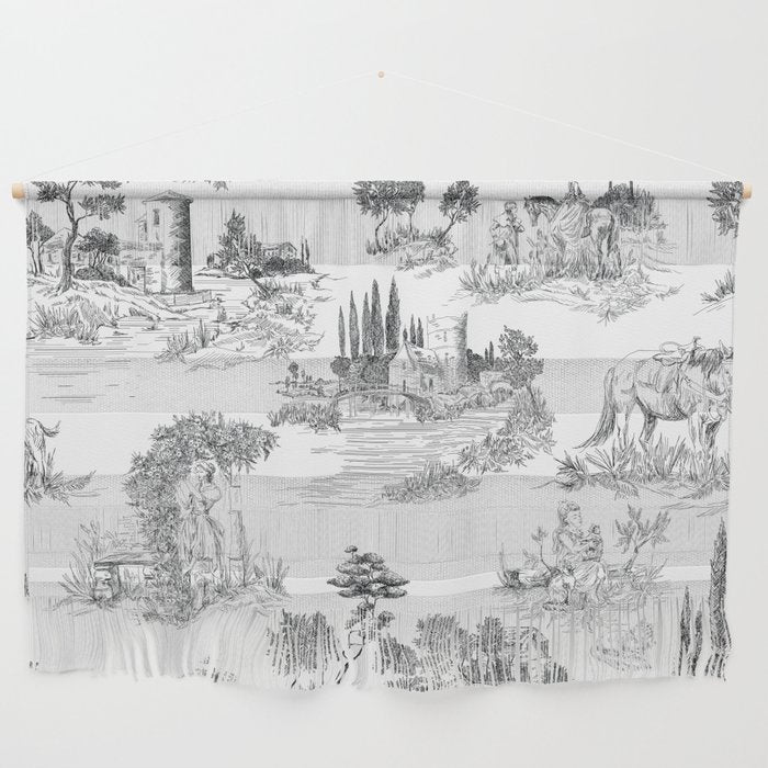 Toile de Jouy Vintage French Romantic Pastoral Black & White Wall Hanging Gallery Image 1