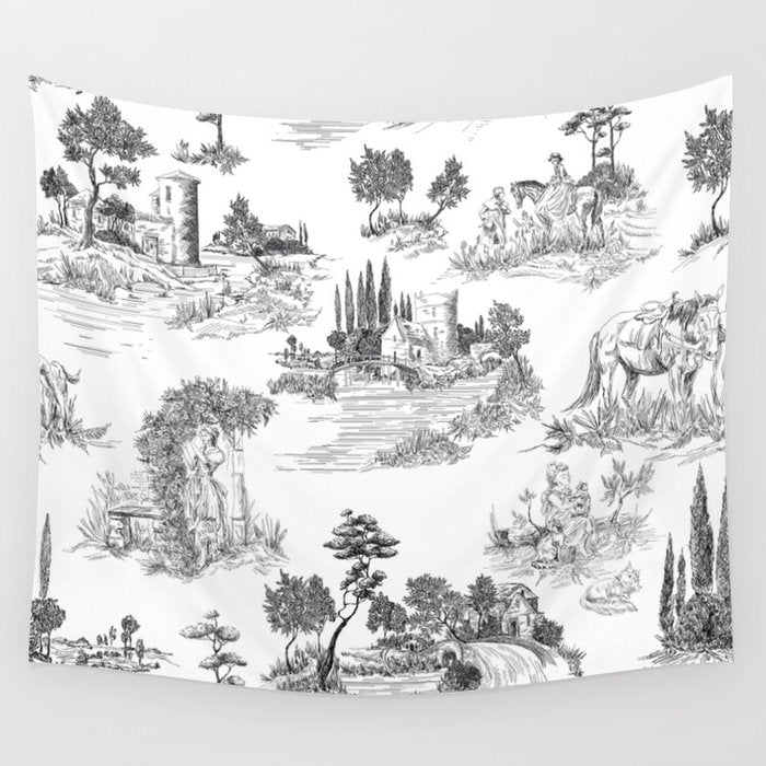 Toile de Jouy Vintage French Romantic Pastoral Black & White Wall Tapestry Gallery Image 1