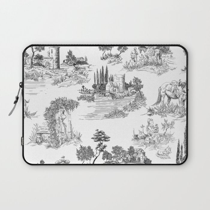 Toile de Jouy Vintage French Romantic Pastoral Black & White Laptop Sleeve Gallery Image 1