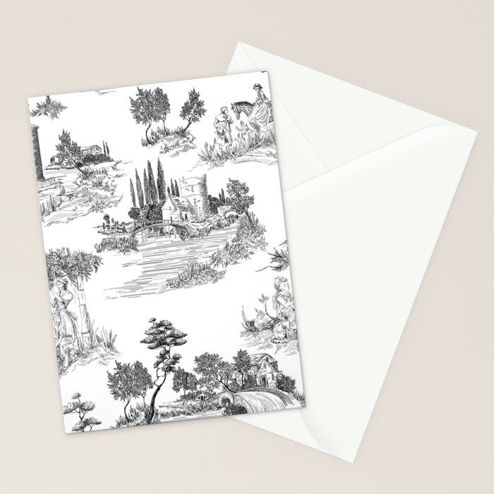 Toile de Jouy Vintage French Romantic Pastoral Black & White Stationery Card Gallery Image 2