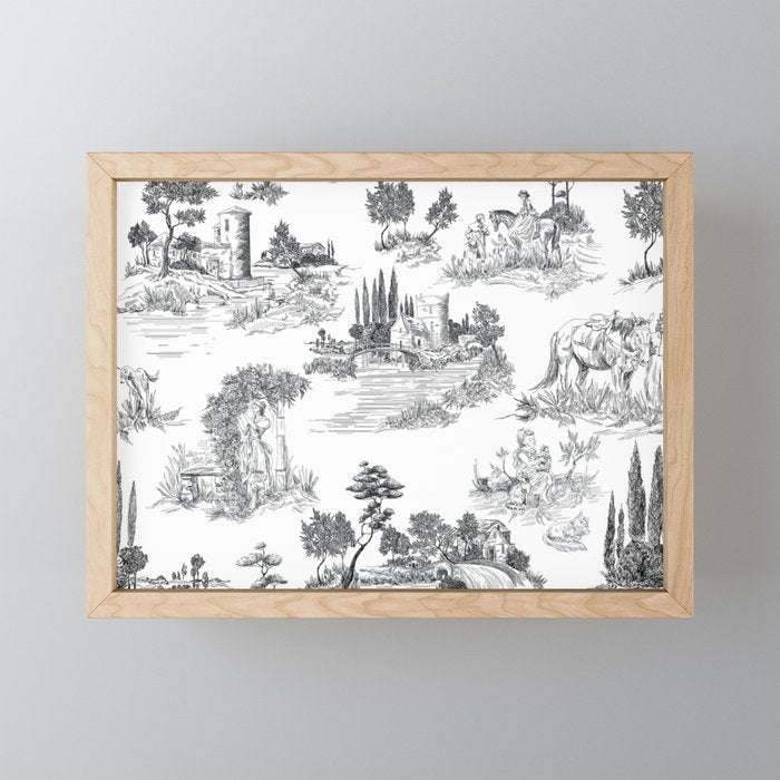Toile de Jouy Vintage French Romantic Pastoral Black & White Mini Art Print Gallery Image 1