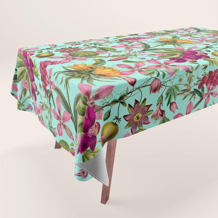 Tropical Bloom Serenade Exotic Floral Pattern Vintage Botanical Vibes Turquoise Tablecloth Gallery Image 1