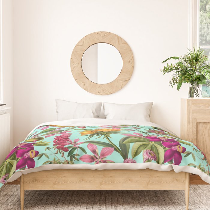 Tropical Bloom Serenade Exotic Floral Pattern Vintage Botanical Vibes Turquoise Duvet Cover Gallery Image 3