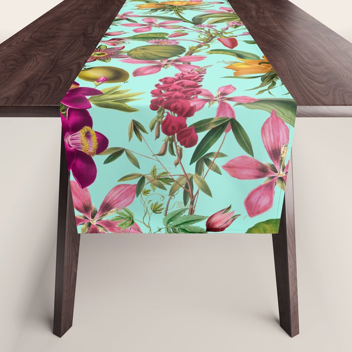 Tropical Bloom Serenade Exotic Floral Pattern Vintage Botanical Vibes Turquoise Table Runner Gallery Image 1